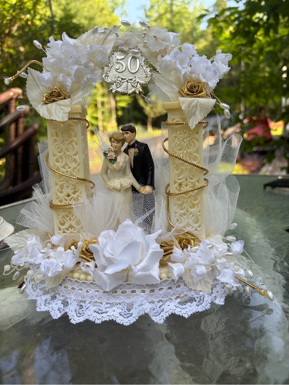 Vintage Gold & White 50th Anniversary Cake Topper with Bride and Groom